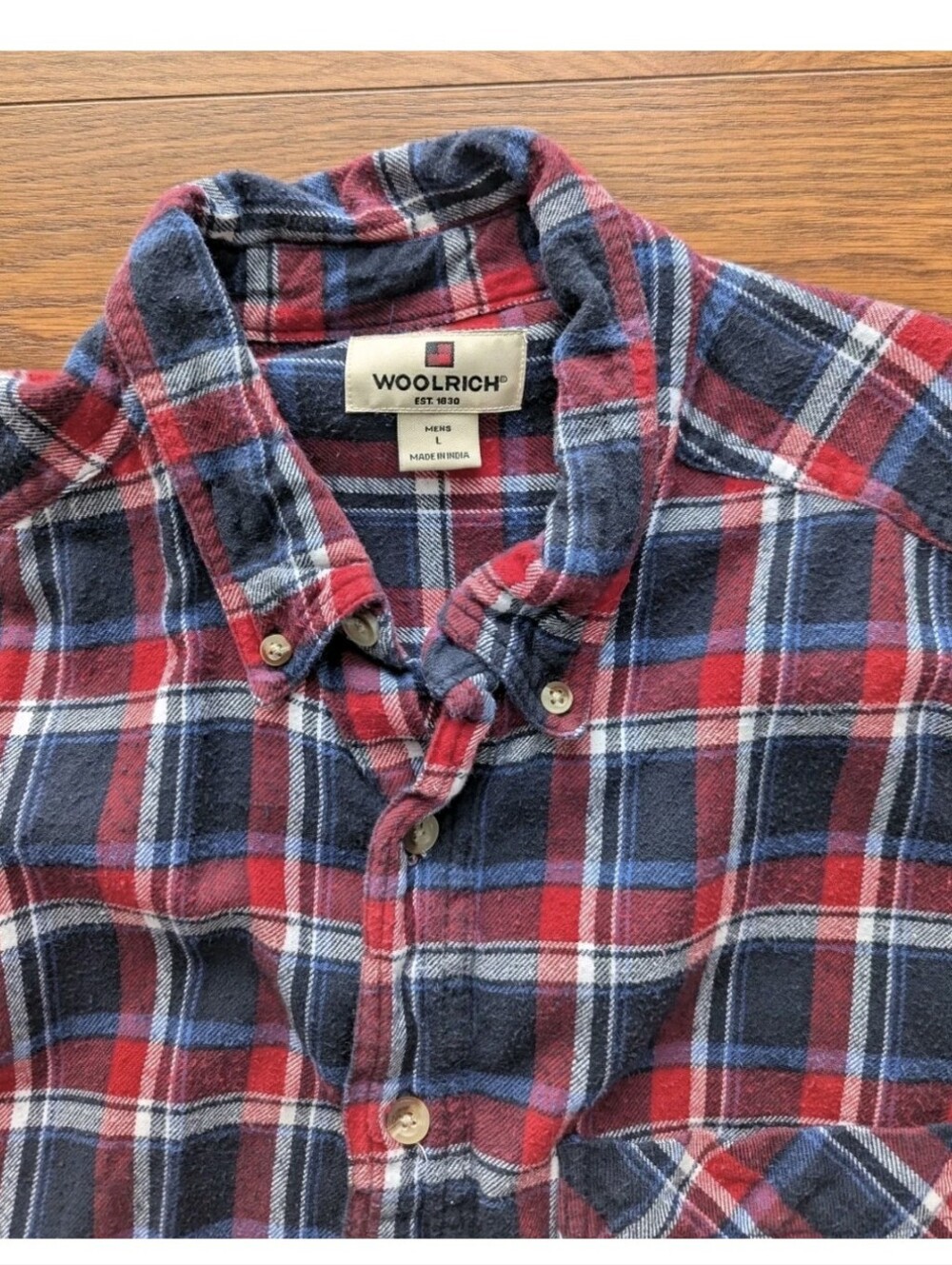 Woolrich Mens Large Plaid Flannel Button Down Red White Blue Well Worn GUC - Picture 2 of 11